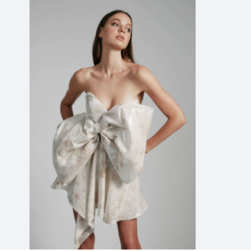 Bardot Byrdie Bow Sequin Strapless Mini Dress Nude Asymmetric